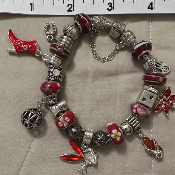 Homemade – NWOT – 925 SS plated charm bracelet, red lamp work beads, red theme - Picture 9 of 10